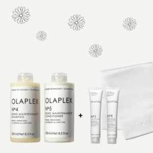 Rinkinys OLAPLEX šampūnąs ir kondicionieriųs, ir gaukite dovanų: Šilko satino pagalvės užvalkalą. No.3 namų priežiūros priemonę.No.8 (20 ml) giliai drėkinančią kaukę